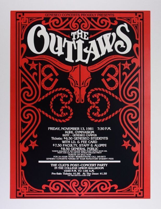 1981 The Outlaws Kuhl Gymnasium SUNY Geneseo Poster Near Mint 89