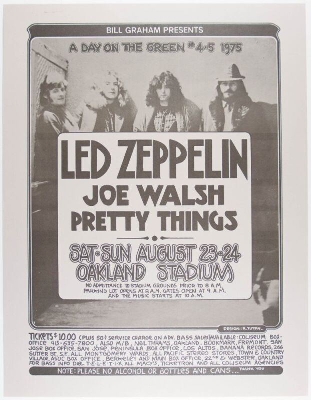 1975 Led Zeppelin Joe Walsh Oakland Stadium Poster Near Mint 85