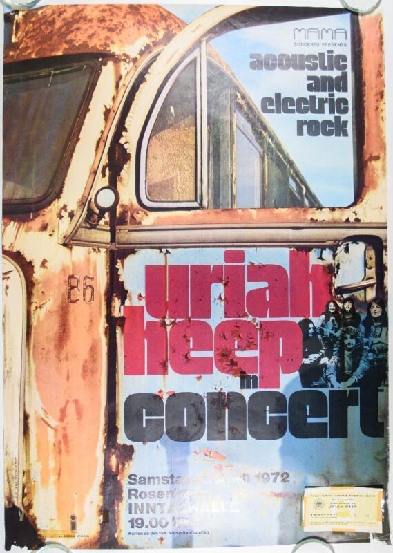 1972 Uriah Heep Inntalhalle Rosenheim Germany Poster with Ticket Attached Extra Fine 65