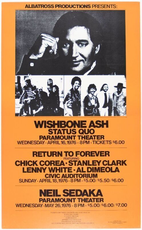 1976 Wishbone Ash Return to Forever The Paramount Theater & Civic Auditorium Portland Cardboard Poster Near Mint 81