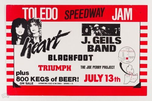 1980 Heart J. Geils Band The Joe Perry Project The Toledo Speedway Poster Near Mint 81