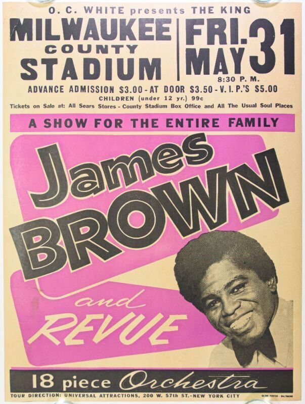 1968 James Brown Milwaukee County Stadium Globe Cardboard Poster Excellent 75