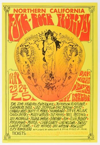 1969 Jimi Hendrix Jefferson Airplane Chuck Berry Northern California Folk Rock Festival Poster Mint 91