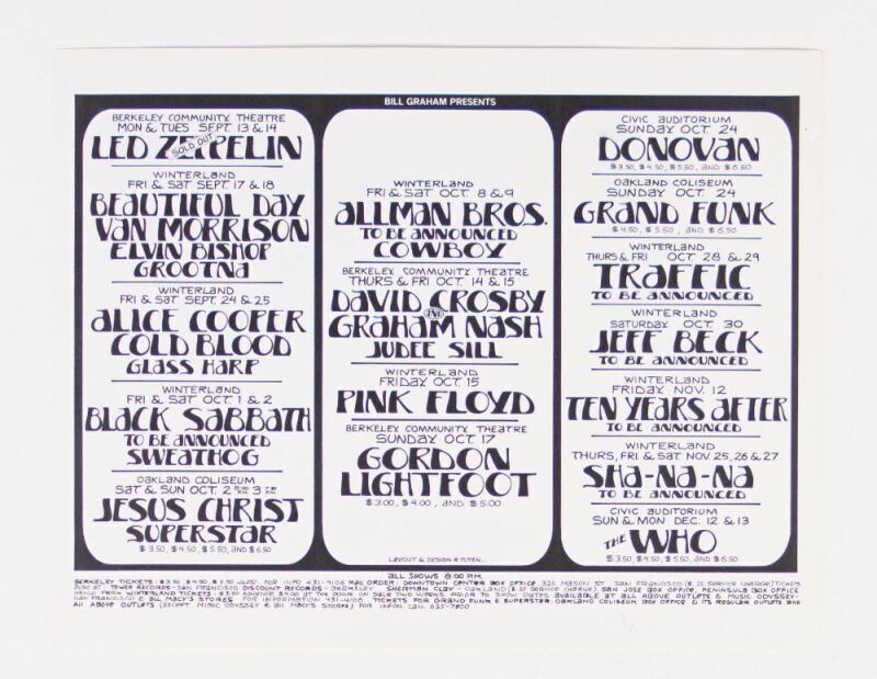 1971 Led Zeppelin Pink Floyd Allman Brothers The Who Bill Graham Presents Calendar Handbill Near Mint 87