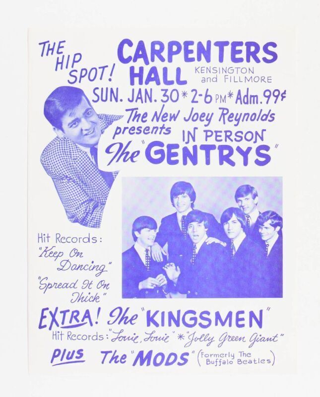 1966 The Gentrys The Kingsmen Carpenters Hall Handbill Near Mint 85