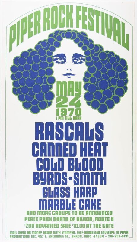 1970 Rascals The Byrds Piper Rock Festival Peace Park Akron Poster Near Mint 89