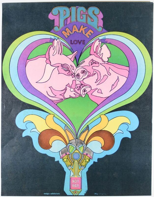 1969 Ernie Cefalu Thomas Morris Pigs Make Love Not War Blacklight Headshop Poster Excellent 73