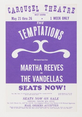 1968 The Temptations Martha Reeves The Vandellas Carousel Theatre West Covina Handbill Mint 93