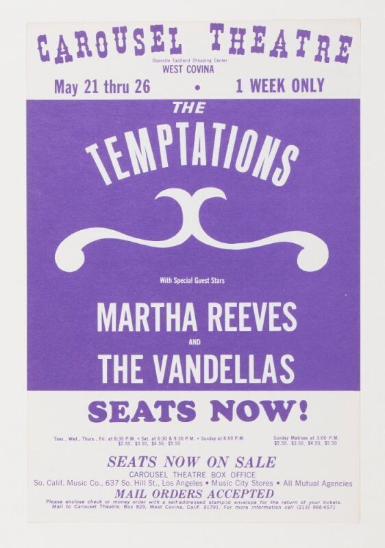 1968 The Temptations Martha Reeves The Vandellas Carousel Theatre West Covina Handbill Mint 93