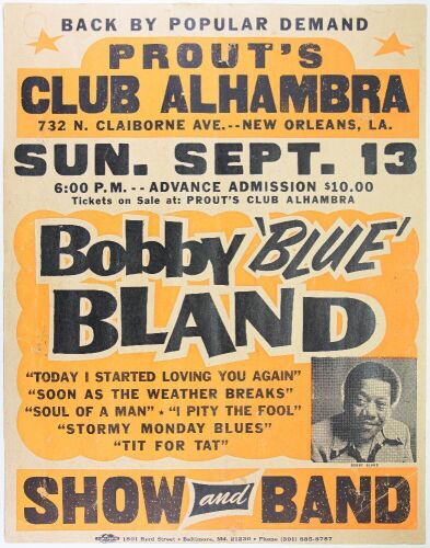 1978 Bobby Blue Bland Prout's Club Alhamba New Orleans Globe Cardboard Poster Extra Fine 63