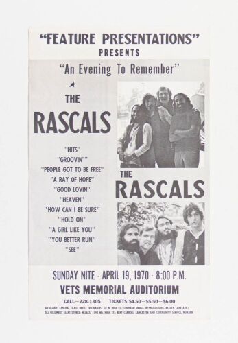 1970 The Rascals Veteran's Memorial Auditorium Columbus Handbill Extra Fine 65