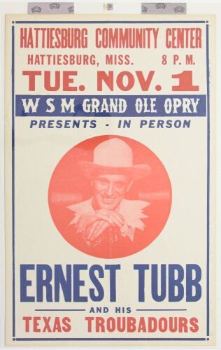 1955 Ernest Tubb & His Texas Troubadours The Hattiesburg Community Center Hatch Cardboard Poster Excellent 73