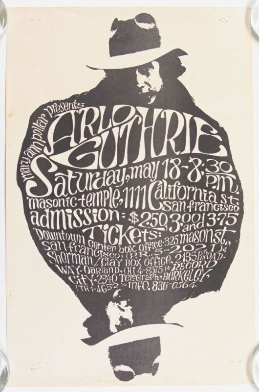 1968 Arlo Guthrie San Francisco Masonic Temple Poster Excellent 71