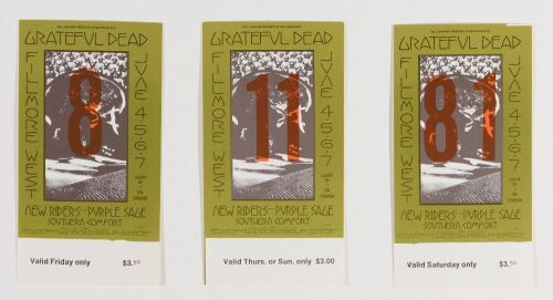 1970 BG-237 Grateful Dead New Riders of the Purple Sage Fillmore West Complete Set of 3 Original Tickets Near Mint 81