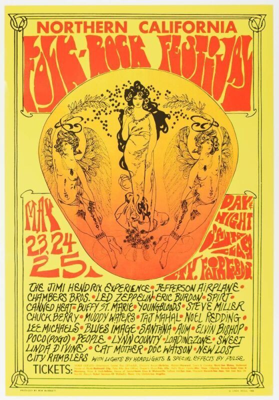 1969 Jimi Hendrix Jefferson Airplane Chuck Berry Northern California Folk Rock Festival Poster Near Mint 87