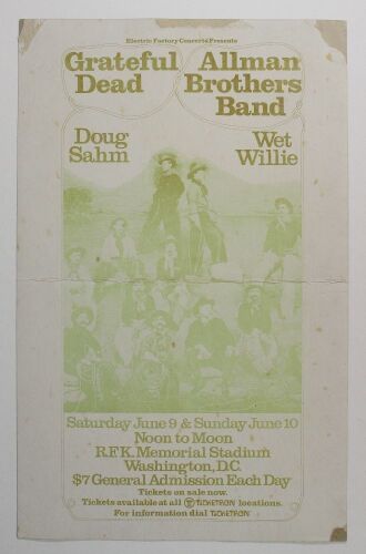 1973 Grateful Dead The Allman Brothers Band RFK Stadium Washington DC Cardboard Poster Fine 53