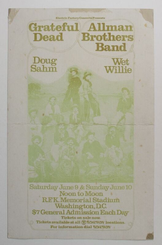 1973 Grateful Dead The Allman Brothers Band RFK Stadium Washington DC Cardboard Poster Fine 53