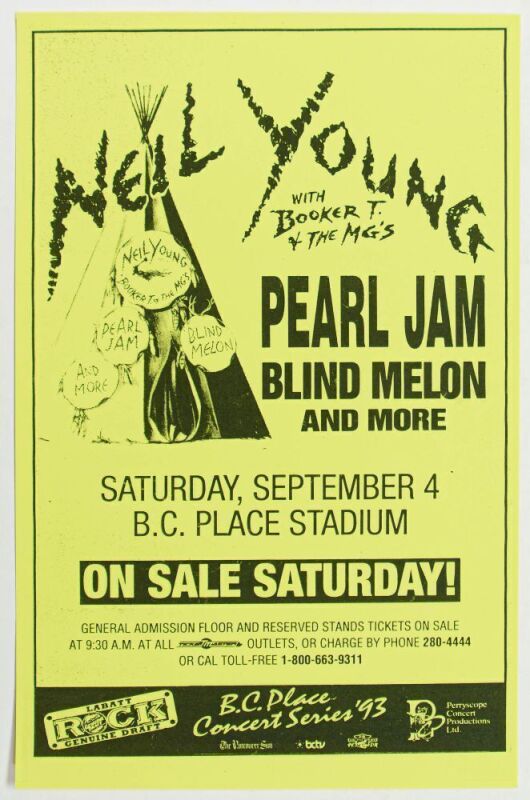 1993 Neil Young Pearl Jam Blind Melon B.C. Place Stadium Vancouver Poster Mint 95