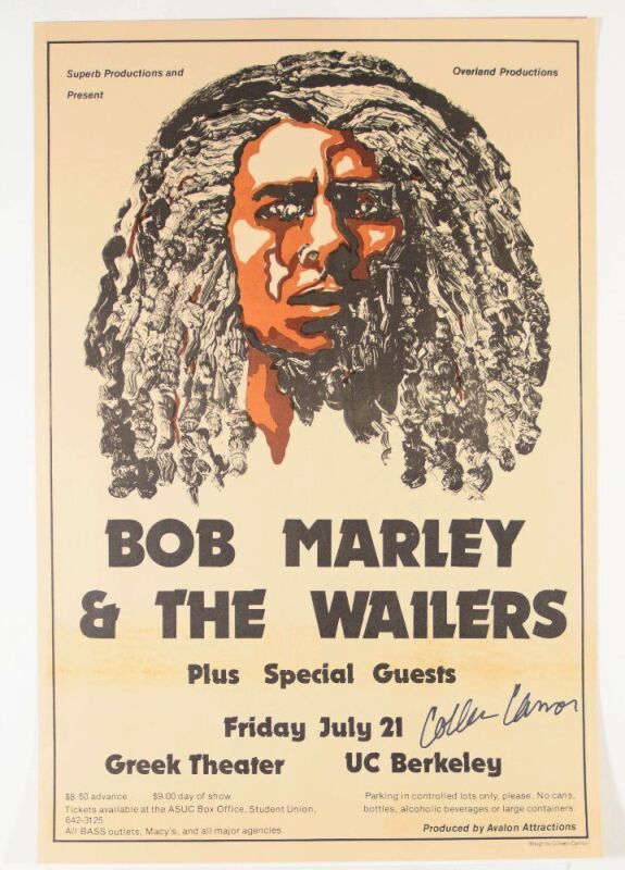 1978 Bob Marley Greek Theatre Berkeley Proof with COA Signed Cannon Poster Mint 91