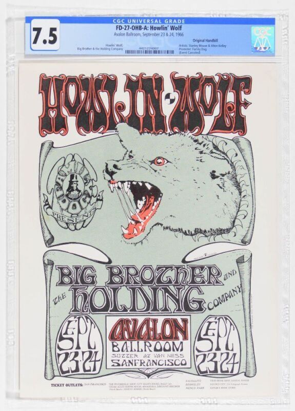 1966 FD-27 Howlin' Wolf Big Brother Avalon Ballroom Handbill CGC 7.5