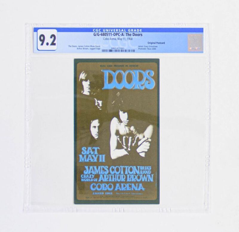 1968 G/G-680511 The Doors James Cotton Cobo Arena Detroit Postcard CGC 9.2