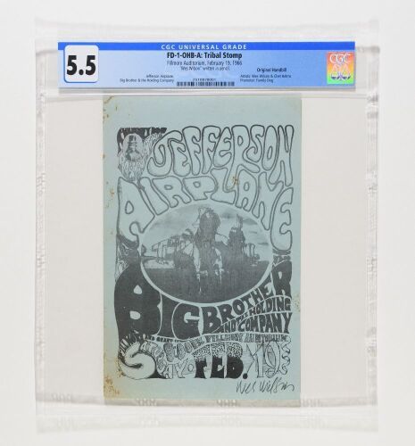 1966 FD-1 Jefferson Airplane Big Brother Fillmore Auditorium Original Blue Paper Signed Wilson Handbill CGC 5.5