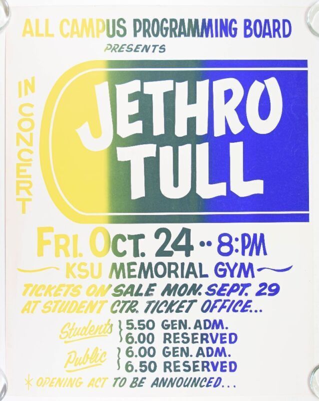 1975 Jethro Tull Kent State Memorial Gym Poster Excellent 79