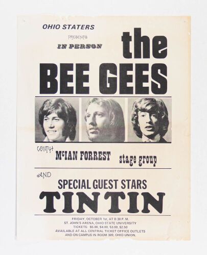 1971 The Bee Gees Tin Tin St. John's Arena Ohio State University Handbill Extra Fine 63