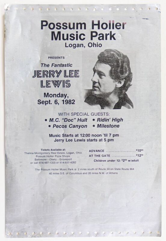 1982 Jerry Lee Lewis Possum Holler Music Park Ohio Printing Plate