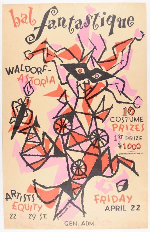 1960 Remo Bramanti Bal Fantastique Artist Equity Annual Benefit Waldorf Astoria Grand Ballroom New York Poster Near Mint 81