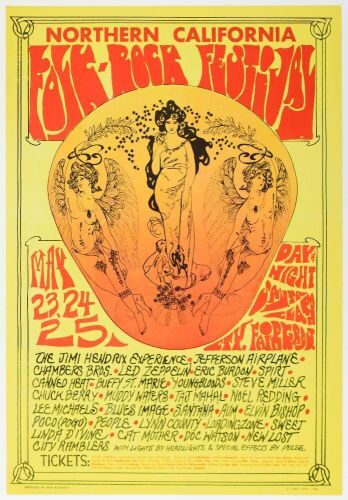 1969 Jimi Hendrix Jefferson Airplane Chuck Berry Northern California Folk Rock Festival Poster Near Mint 87