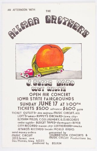 1973 Allman Brothers Band Iowa State Fairgrounds Poster Excellent 75