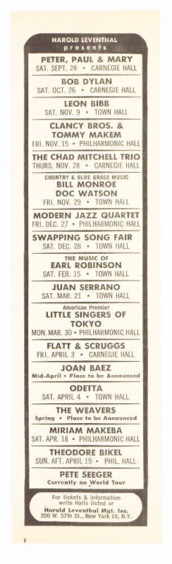 1963 Bob Dylan Bill Monroe Doc Watson Carnegie Hall Calendar Handbill Mint 91