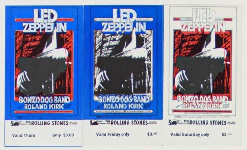 1969 BG-199 Led Zeppelin Rolling Stones Winterland & Oakland Coliseum Complete Set of 3 Tickets Near Mint 89