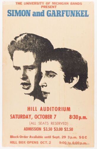 1967 Simon & Garfunkel University of Michigan Hill Auditorium Ann Arbor Cardboard Poster Extra Fine 63