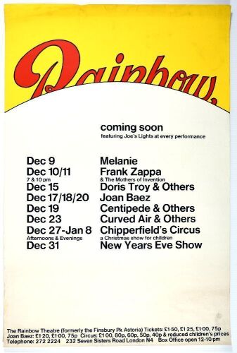 1971 Joan Baez Frank Zappa The Rainbow Theatre London December Calendar Poster Excellent 71