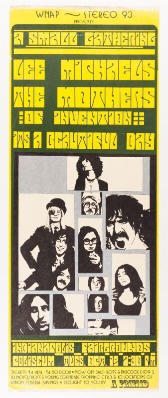 1971 Frank Zappa & The Mothers of Invention Lee Michaels It's A Beautiful Day Indianapolis Fairgrounds Coliseum Poster Extra Fine 65