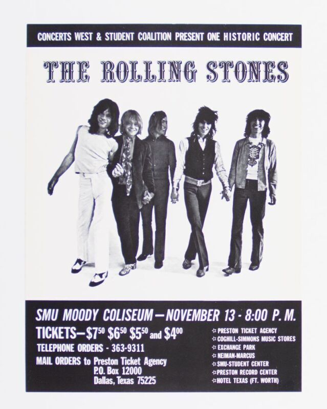 1969 The Rolling Stones SMU Moody Coliseum Dallas Poster Near Mint 81