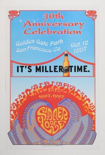 1997 Miller Beer 30th Anniversary Summer of Love Golden Gate Park Poster Near Mint 89