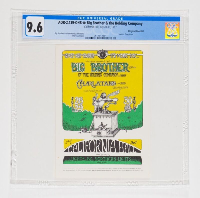 1967 AOR-2.139 Big Brother Janis Joplin The Charlatans California Hall Handbill CGC 9.6
