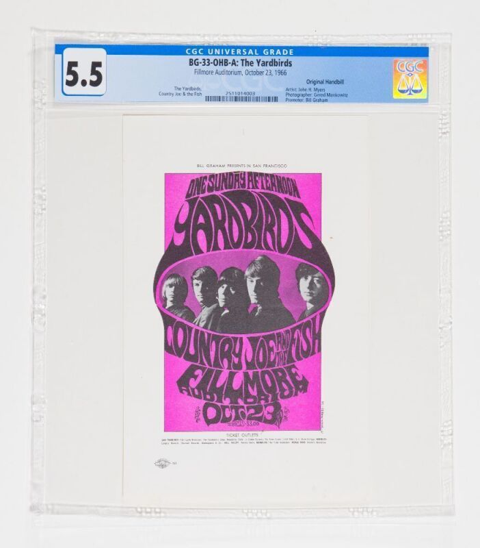 1966 BG-33 The Yardbirds Fillmore Auditorium Handbill CGC 5.5
