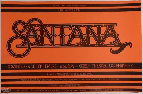 1991 Santana Greek Theatre UC Berkeley Poster Mint 95