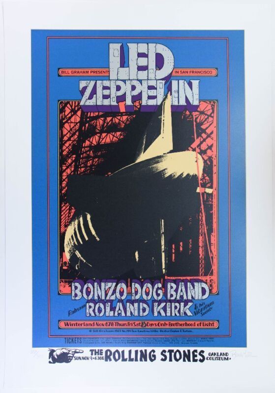 1969 BG-199 Led Zeppelin Rolling Stones Winterland & Oakland Coliseum LE Signed Tuten RP2 Poster Mint 91