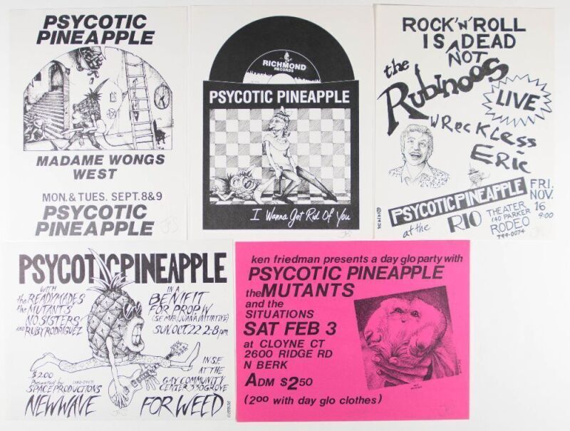 Lot of 5 John Seabury Psycotic Pineapple Vintage Punk Signed Seabury Flyers & Handbills