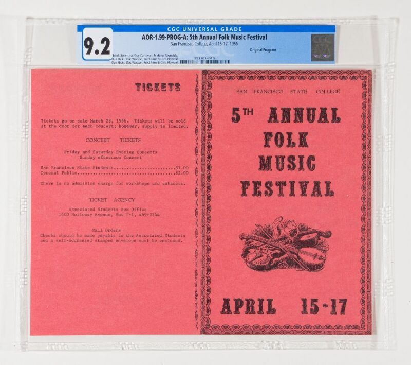 1966 AOR-1.99 Doc Watson The 5th Annual Folk Music Festival SF State College Program CGC 9.2