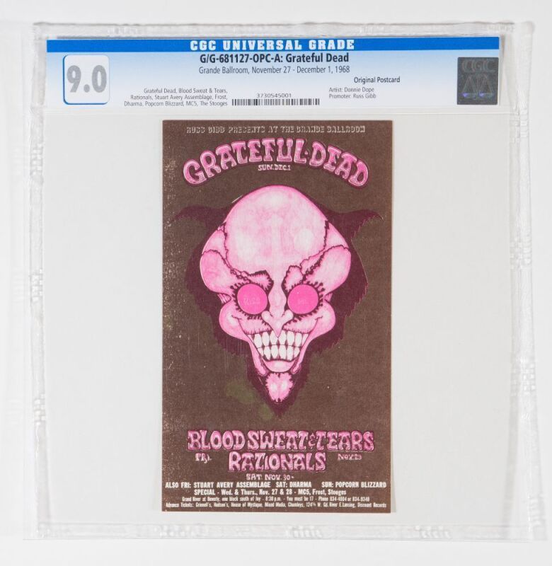 1968 G/G-681127 Grateful Dead MC5 The Stooges Grande Ballroom Detroit Postcard CGC 9.0
