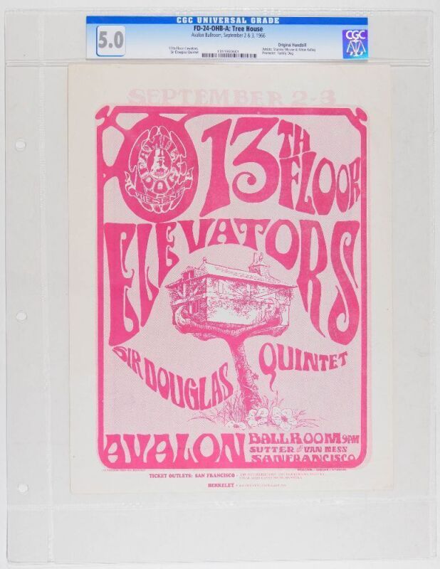 1966 FD-24 The 13th Floor Elevators Sir Douglas Quintet Avalon Ballroom Handbill CGC 5.0