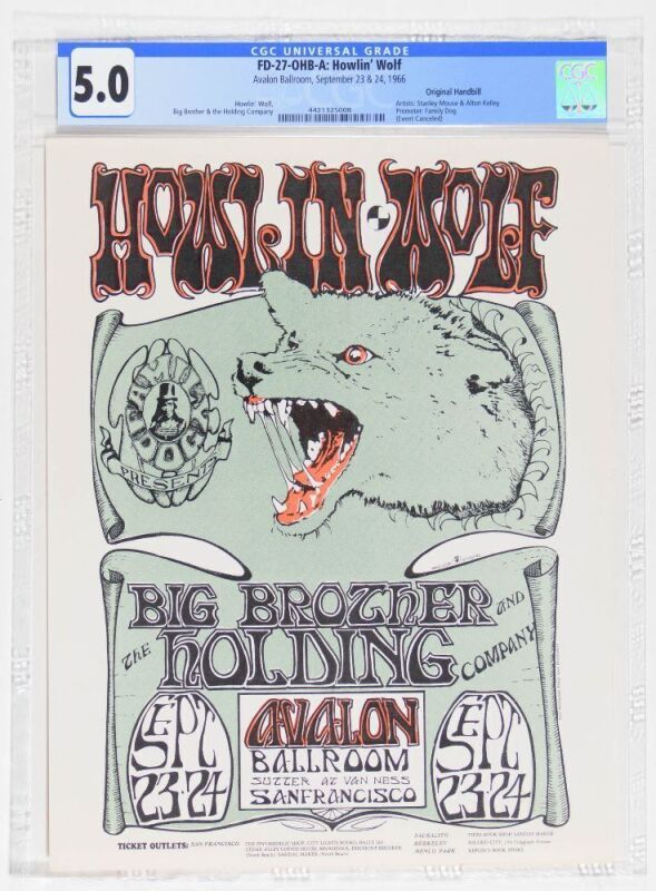 1966 FD-27 Howlin' Wolf Big Brother Avalon Ballroom Handbill CGC 5.0