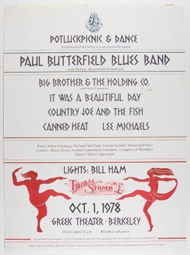 1978 Butterfield Blues Band Family Dog Tribal Stomp Greek Theatre Poster Excellent 75