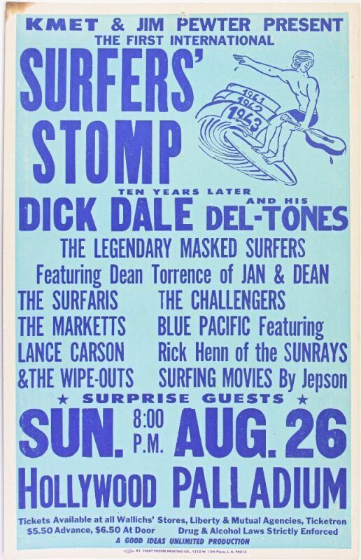 1973 Dick Dale The Surfaris The Challengers Hollywood Palladium Cardboard Poster Excellent 75